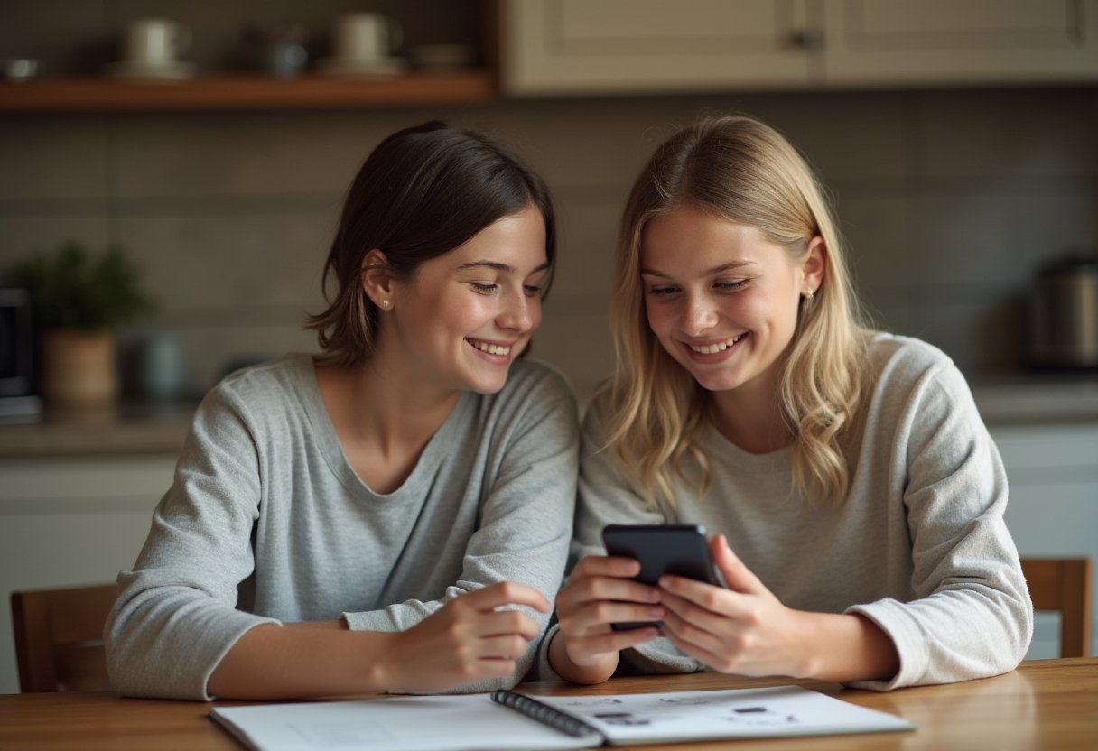 Two beneficiaries reviewing an estate clearance photo report on a phone, checking donation receipts before signing off.