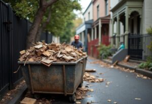Overflowing skip bin of flood-damaged debris on a Melbourne terrace street during make safe strip out rubbish removal