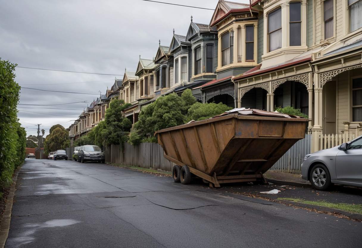 Skip bin part loaded with plasterboard and timber, standing at the kerb on a narrow inner-Melbourne street of Victorian terraces.