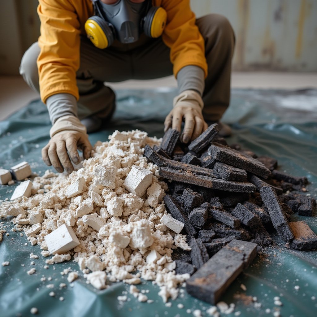 Worker in a respirator and gloves separating plasterboard rubble from charred timber into two piles on a tarp.
