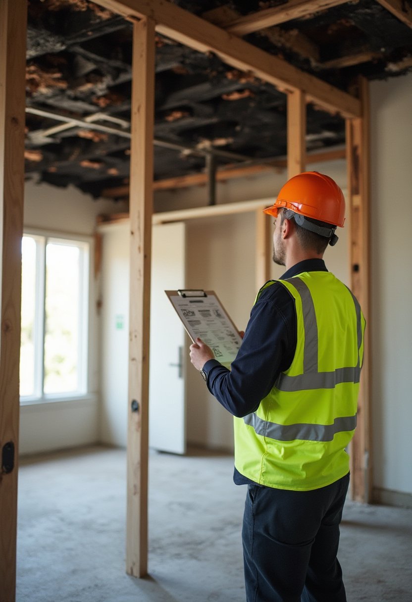 Builder in hi-vis and a hard hat checking a clipboard under a fire-damaged ceiling with charred joists and new stud framing.