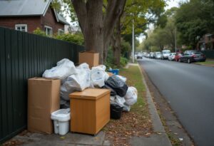 Melbourne hard rubbish collection pile of bagged waste, cardboard boxes and a drawer unit stacked kerbside on a tree-lined suburban street