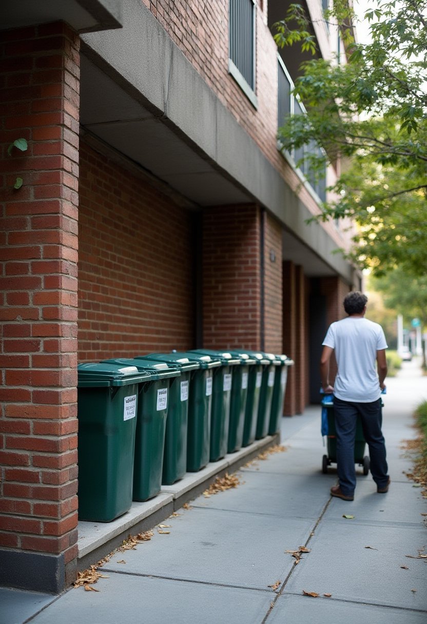 Kerbside apartment bins lined up beside a Melbourne block, resident wheeling one out for hard rubbish collection day