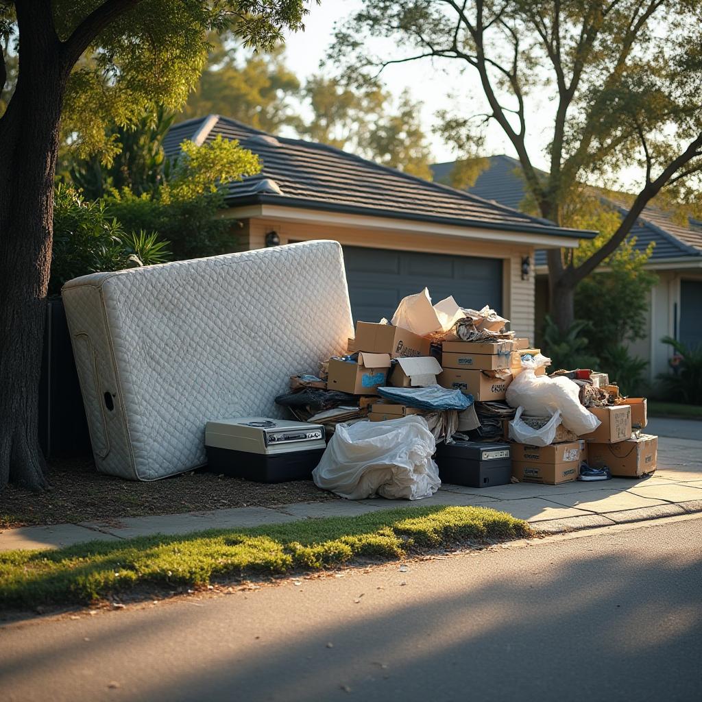 Mattress, cardboard boxes and bagged items piled kerbside beyond a Melbourne council's free hard rubbish limit