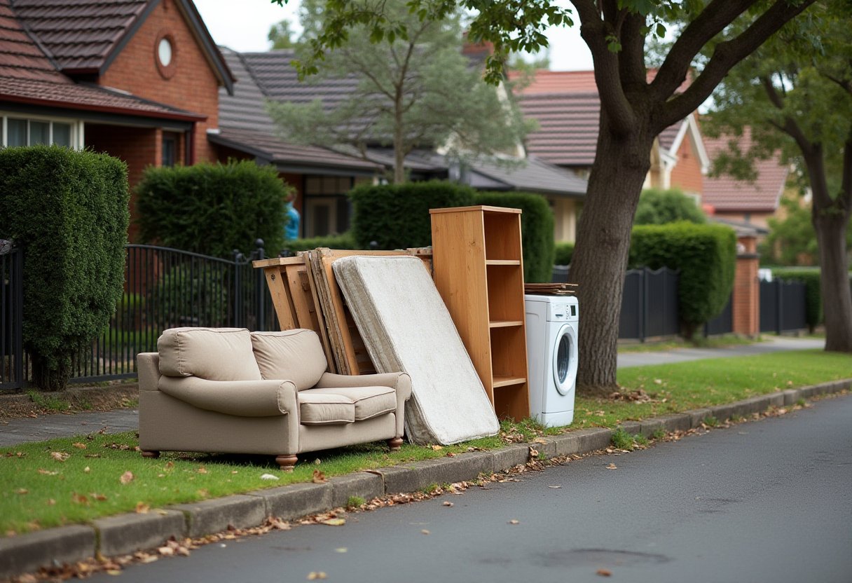 Kerbside hard rubbish pile on a Melbourne nature strip with a sofa, mattress, timber bookshelf and washing machine set out for council collection