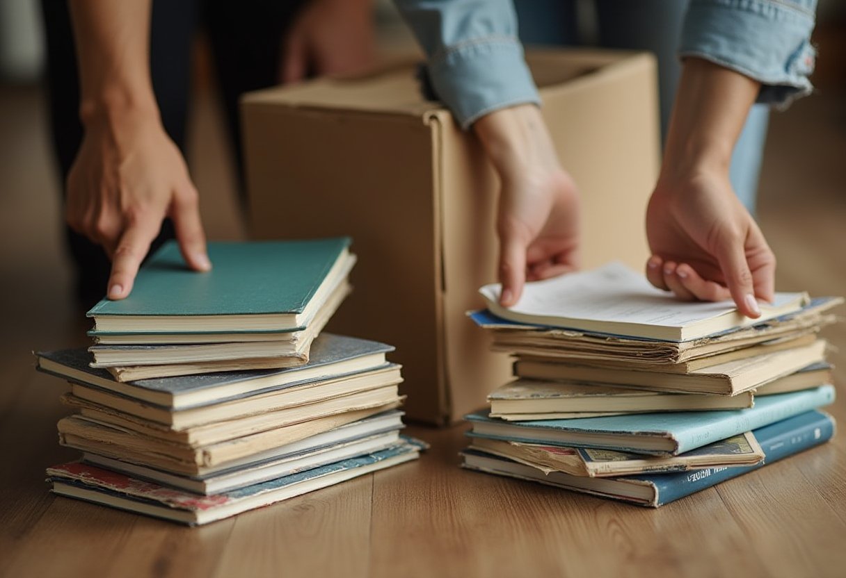 Two people sort worn hardcover books into stacks beside a cardboard box, deciding what to donate or dispose of