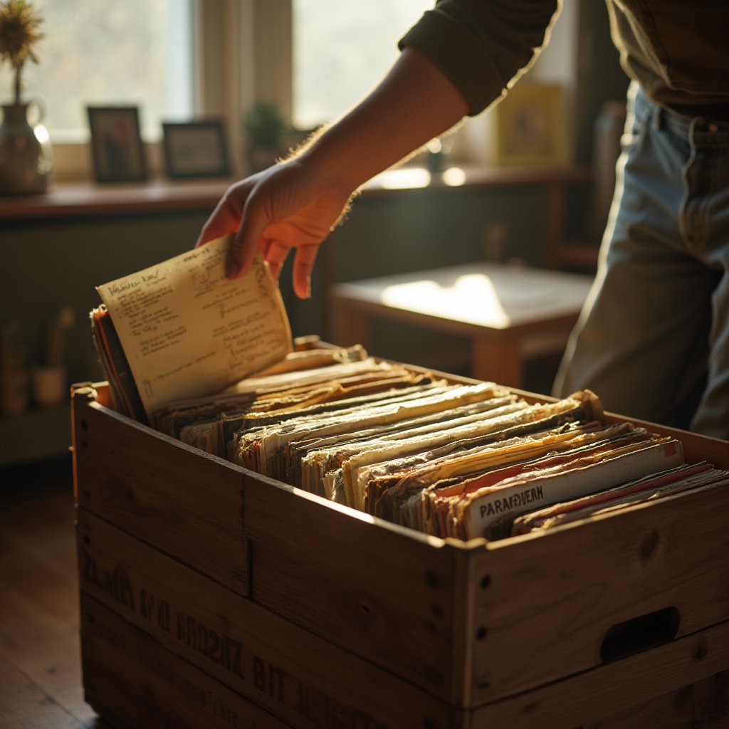 Hand sorting a wooden crate of vinyl records with handwritten tracklist card, before a record collection disposal Melbourne sale