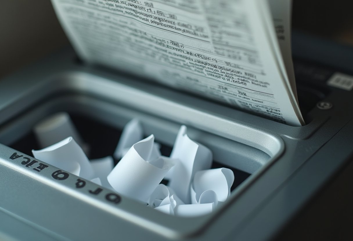 Old bills and statements shredded into curls for secure document disposal before recycling with unwanted books and records